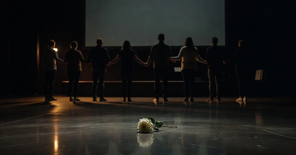 White rose on studio floor beneath blank monitor with silhouetted figures standing together in background