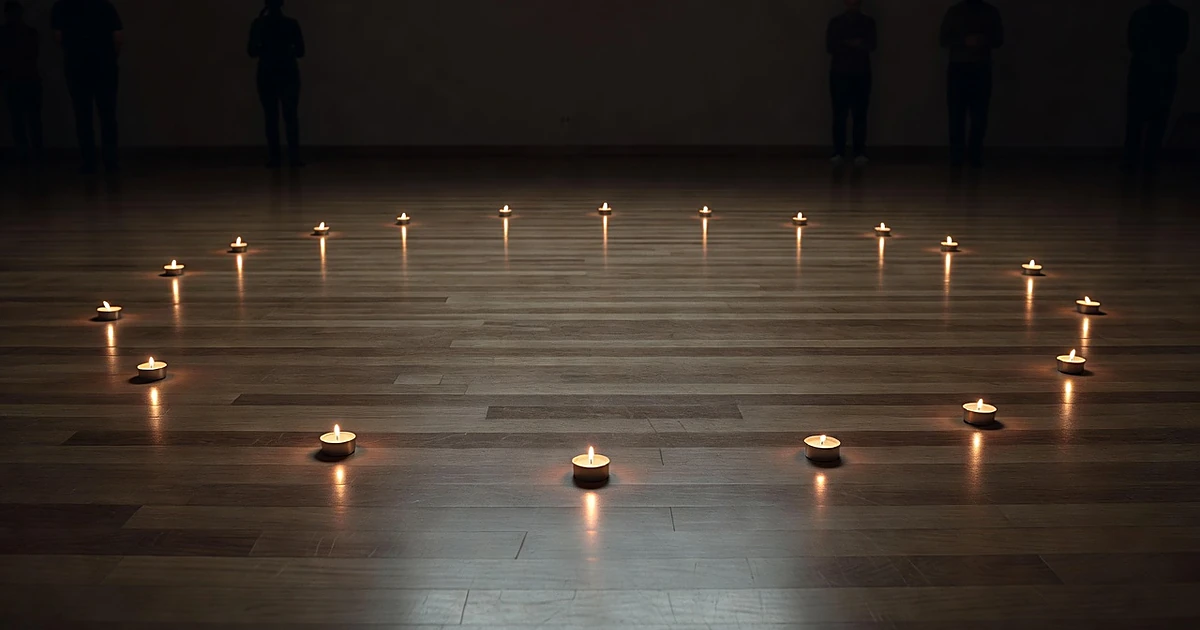 Candles arranged in circle on dance studio floor with silhouettes standing in background shadows