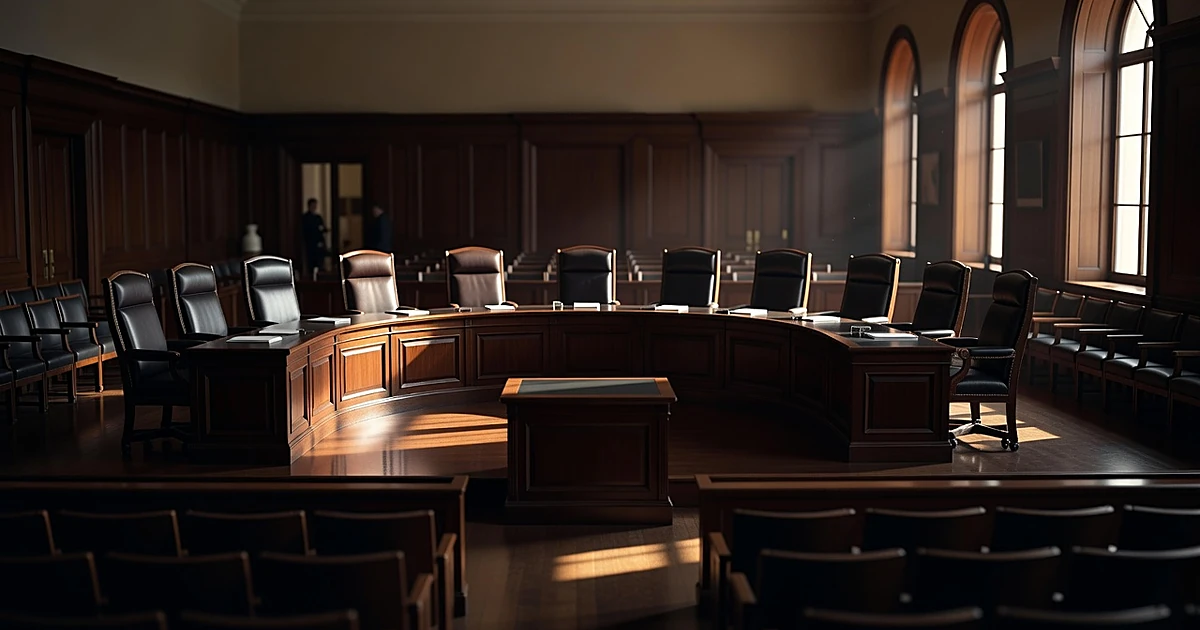 Empty Supreme Court bench with nine leather chairs in afternoon light from courtroom gallery view
