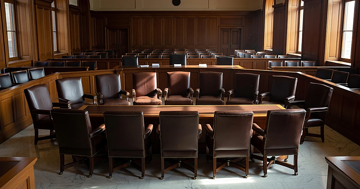 Empty Supreme Court bench with nine leather chairs in afternoon light from gallery view