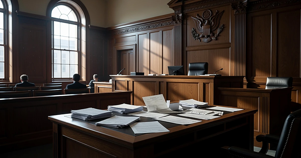 Federal courtroom interior with scattered citizenship documents on judge's bench in dramatic window lighting