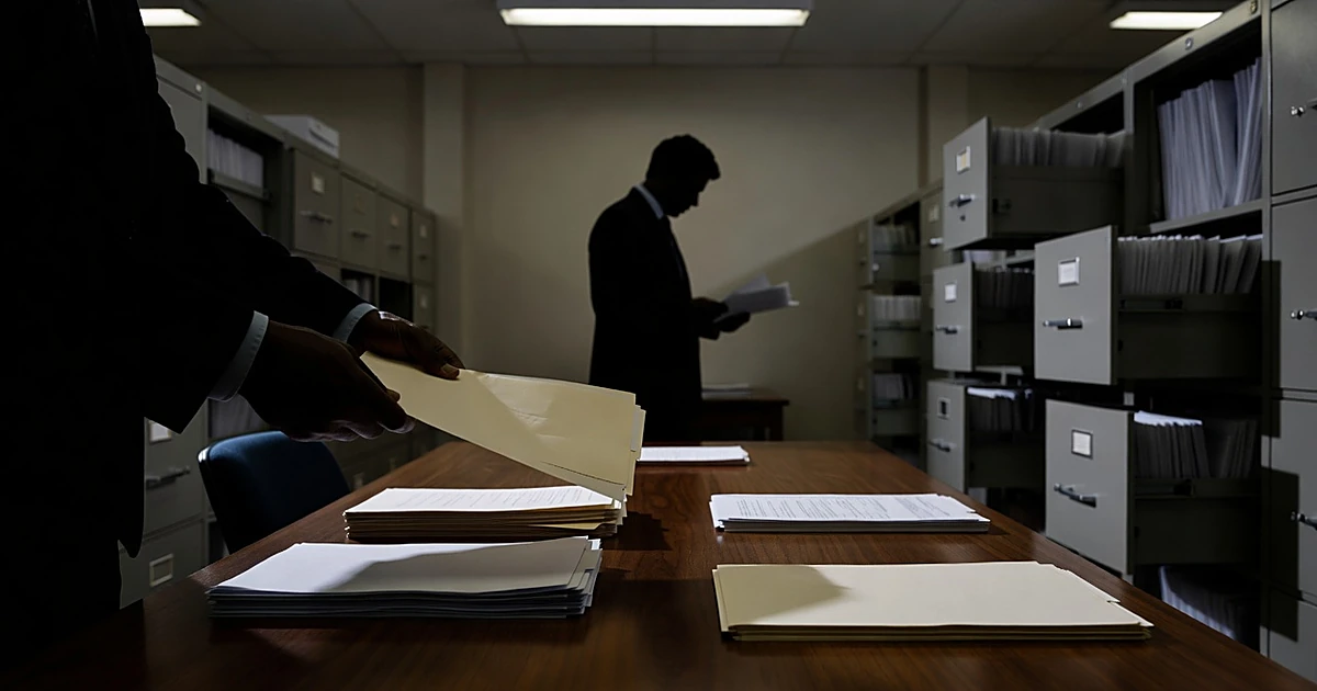 Silhouetted hands sliding document folders across table in government records room with filing cabinets