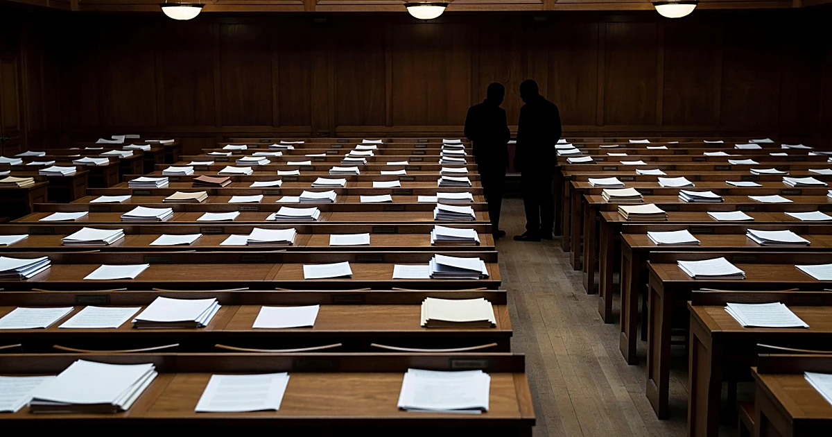 Empty legislative chamber with scattered papers on desks and silhouetted figures in distant aisle