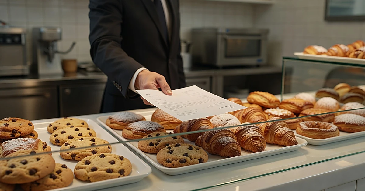 Business invoice being slid across bakery counter with display case of cookies visible behind
