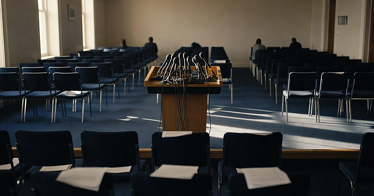 Empty White House press briefing room with podium and microphones, chairs facing forward in afternoon light
