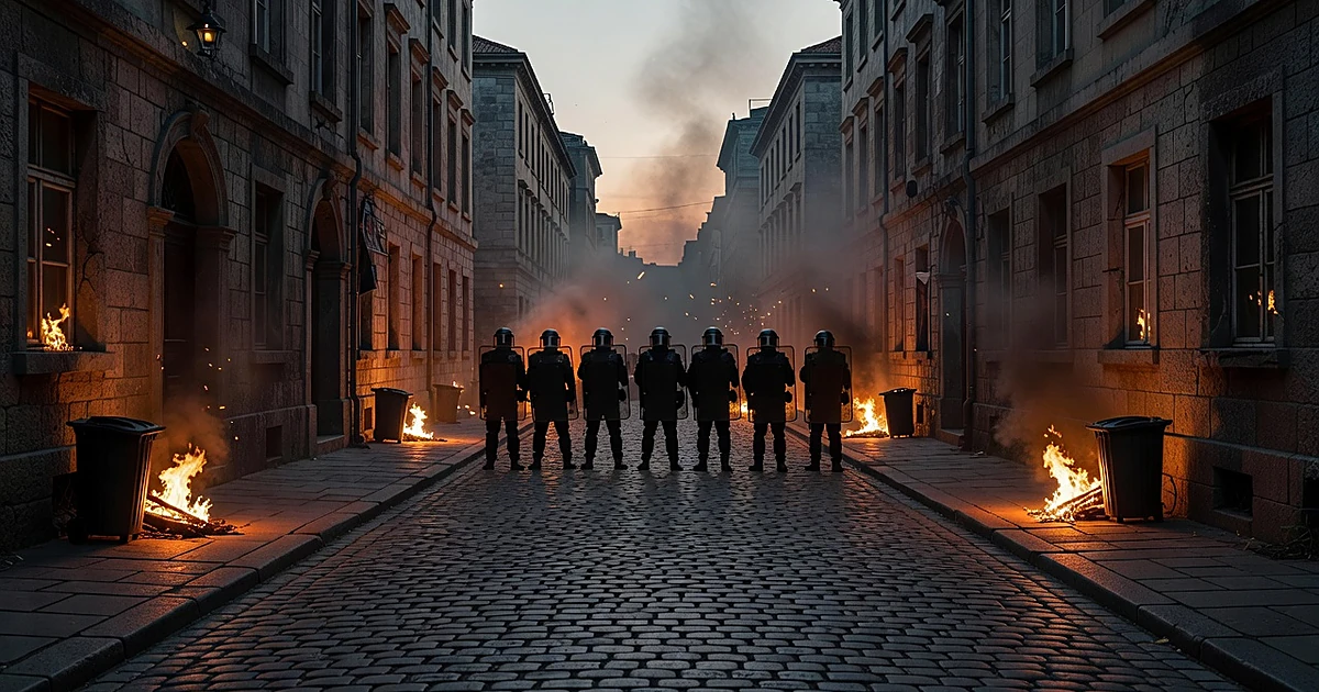 European city street at dusk with fires burning in bins, riot police silhouettes, and debris scattered on cobblestones