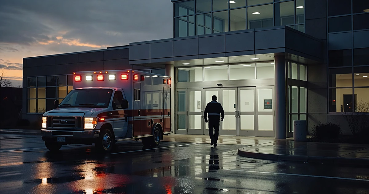 Emergency medical technician silhouette approaching hospital ER entrance with ambulance lights flashing at dusk