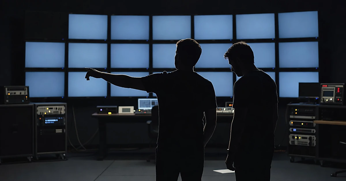 Two silhouetted figures in television studio control room, one gesturing toward blank production monitors