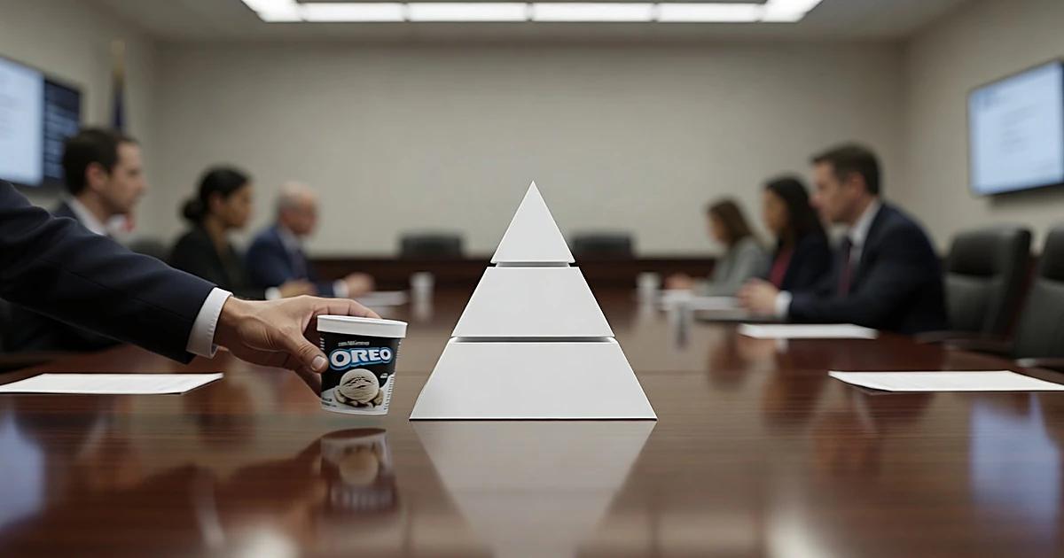 Ice cream container being pushed across conference table toward illuminated food pyramid diagram