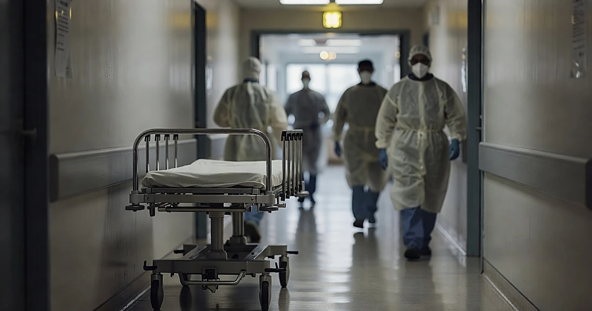 Hospital corridor with gurney and silhouetted medical staff in protective gear under quarantine lighting