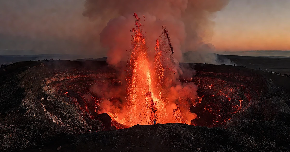 Lava fountain erupting from volcanic crater at dusk with glowing molten rock shooting into darkening sky
