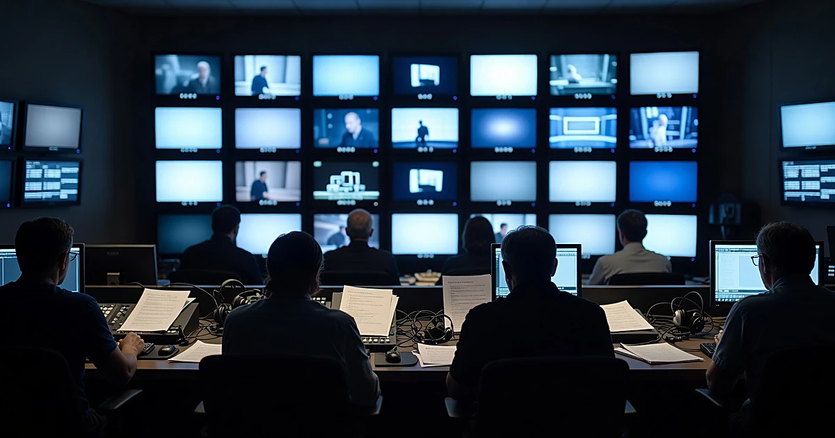 Television broadcast control room with monitors and silhouetted production crew during live show