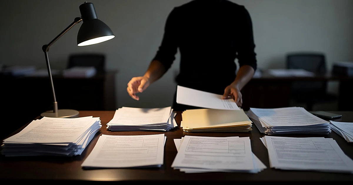 Silhouetted hands reaching across desk covered with scattered grant documents in dimly lit municipal office