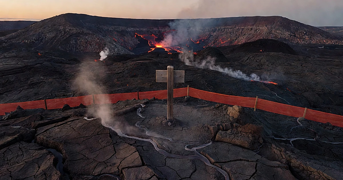 Cracked volcanic terrain with steam vents and closed hiking trail at active caldera during eruption