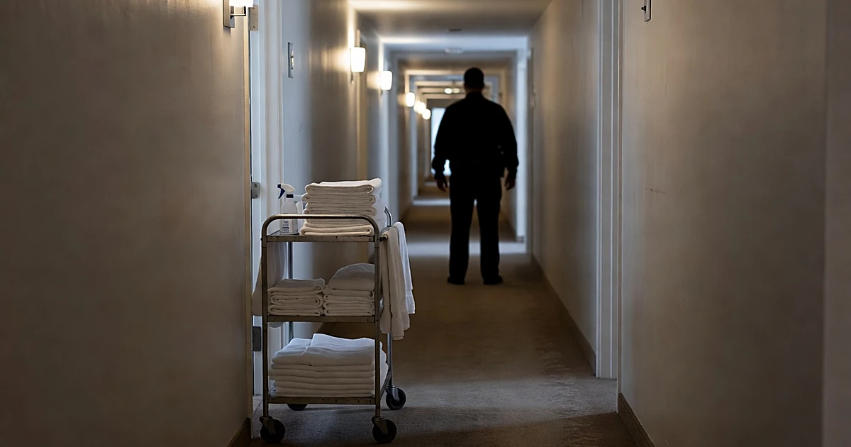 Hotel corridor with housekeeping cart outside room door, security silhouette in background