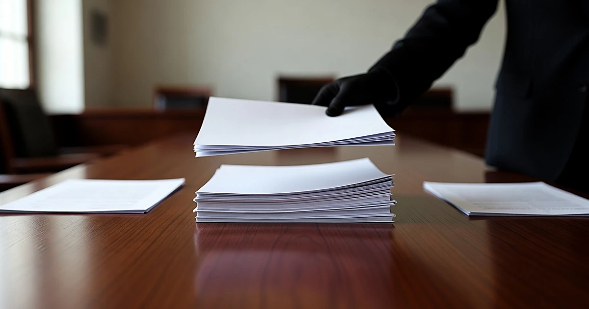 Legal documents being pushed across courtroom table by silhouetted hand in professional setting