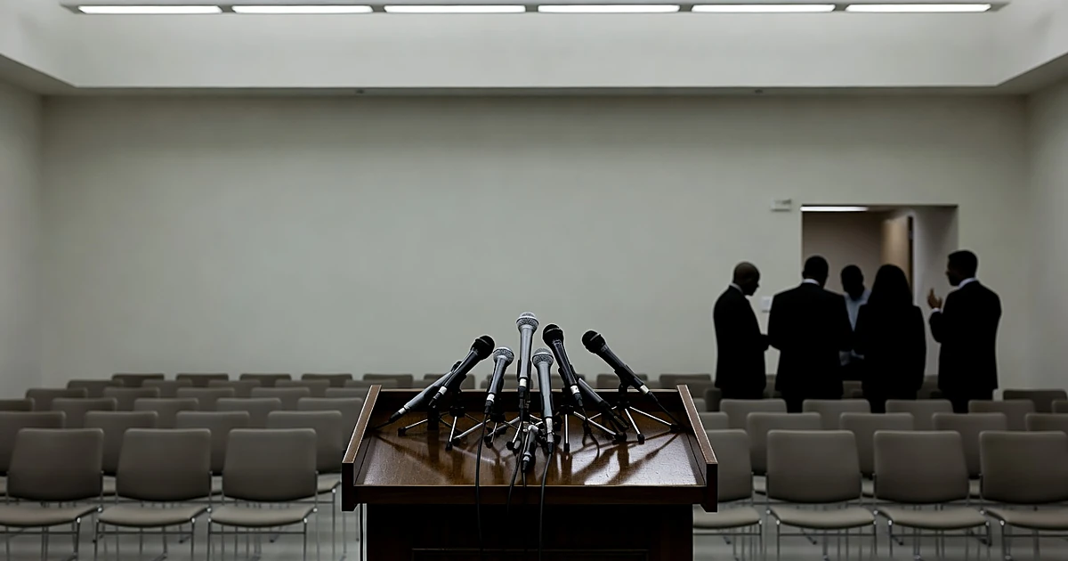 Government briefing room with podium and microphones, silhouetted figures in background discussing