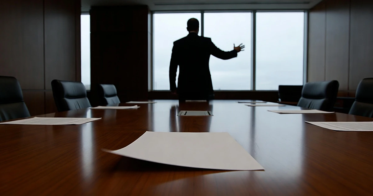 Legal document being pushed across conference table in corporate law office with silhouetted figure in background