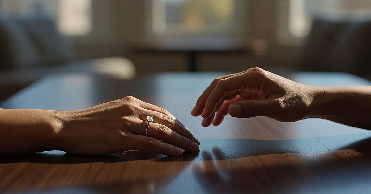 Two hands near each other on dark wood table, one wearing diamond ring, one bare, suggesting relationship tension
