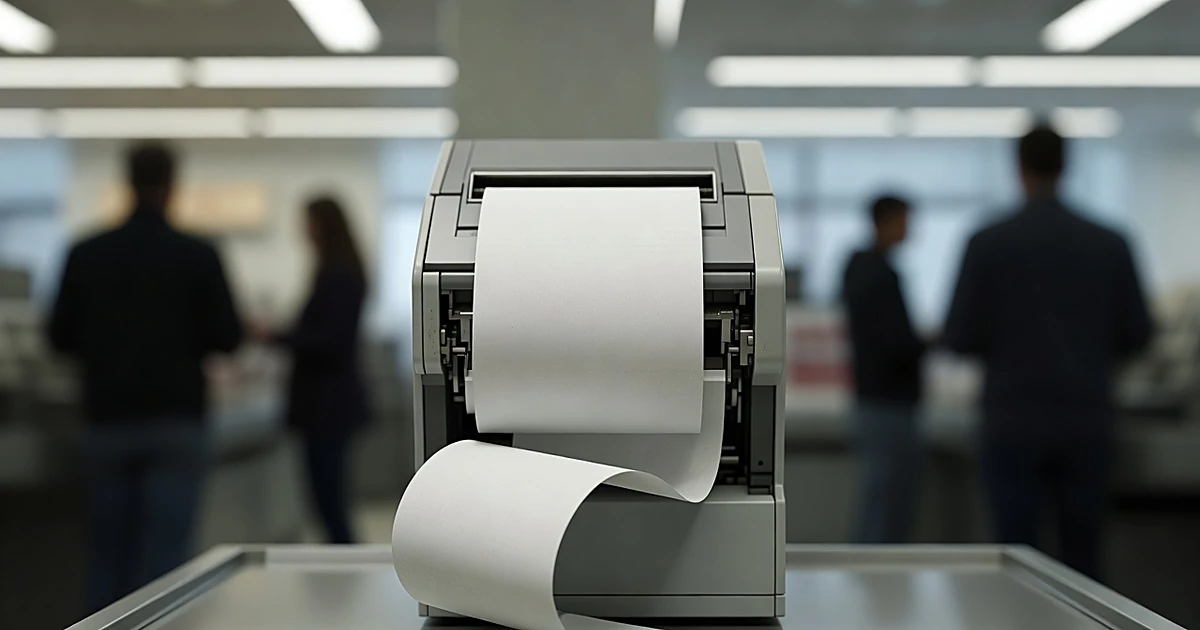 Cash register receipt printer actively printing a long receipt in a retail checkout environment