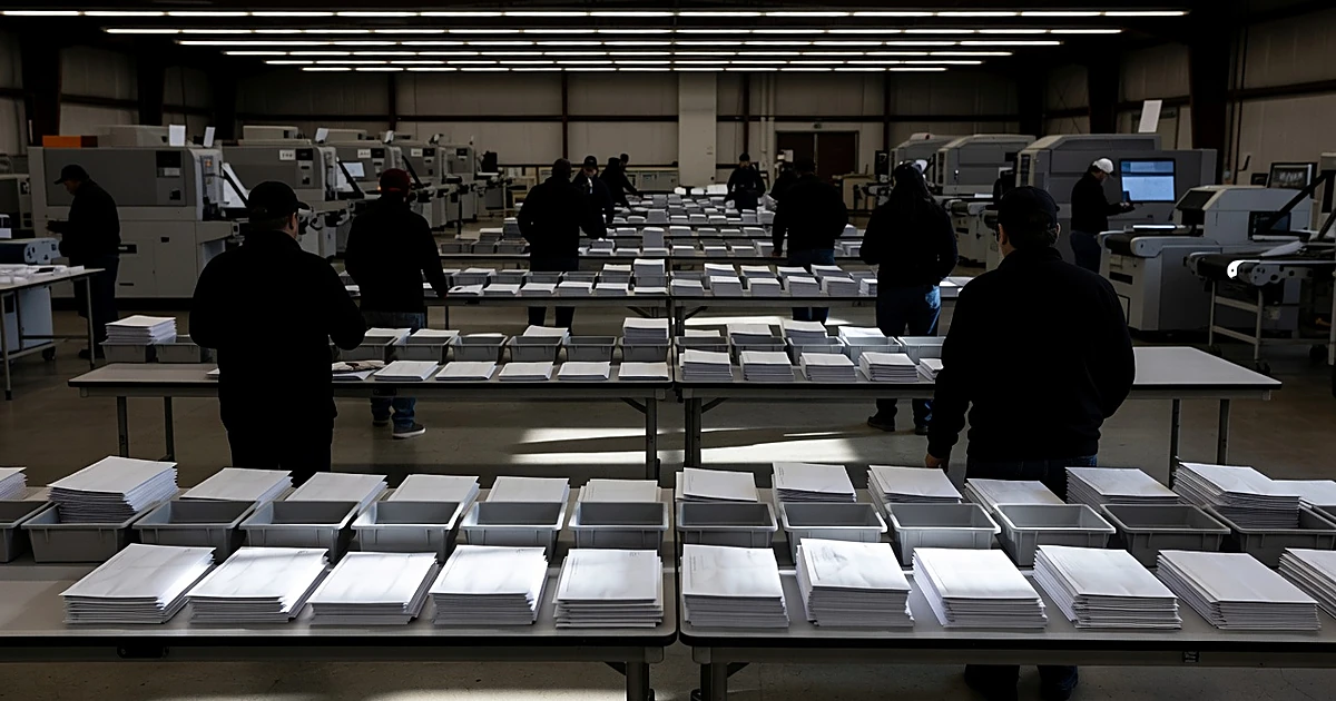 Election processing center with ballot sorting tables and silhouetted workers under fluorescent lighting