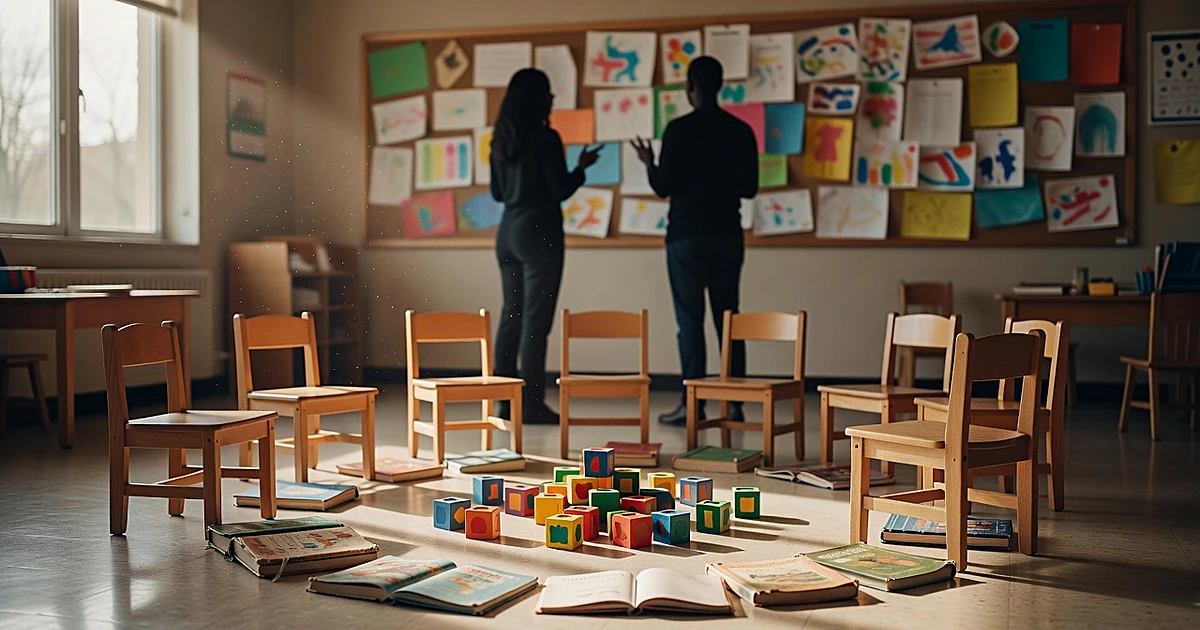 Empty Head Start classroom with small chairs, alphabet blocks, and teacher silhouettes in background