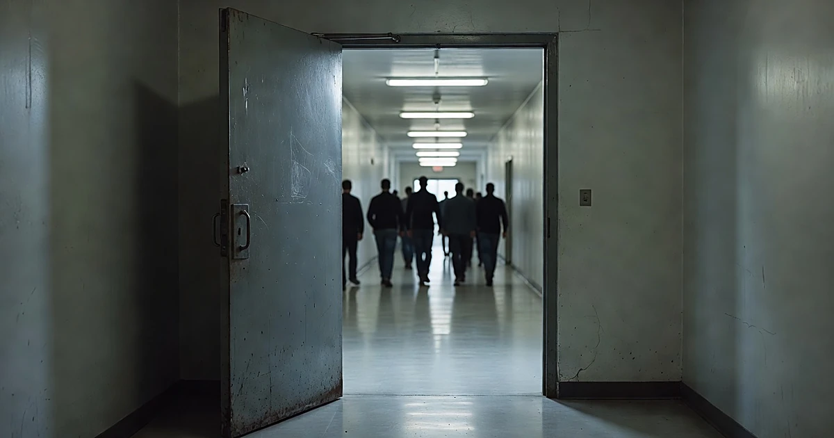Open prison door with silhouetted figures walking away down institutional corridor toward daylight