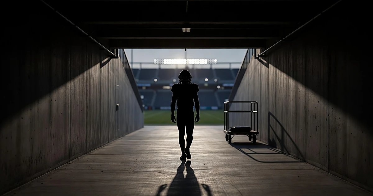 Silhouetted player walking through stadium tunnel toward bright field lights with equipment cart beside concrete walls