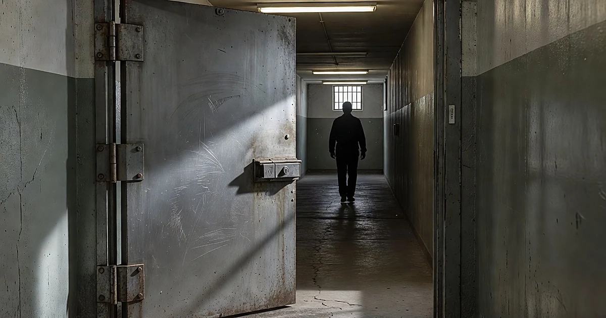 Prison corridor with open steel door and silhouetted figure walking toward distant window in institutional setting