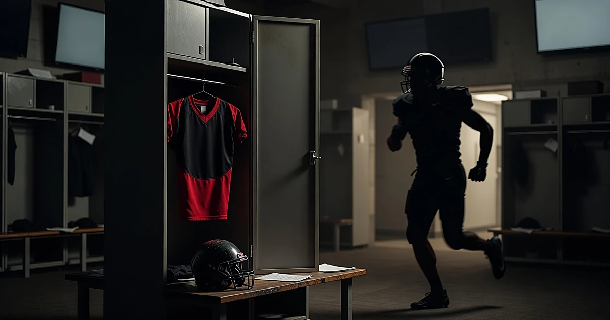 College football locker room with open locker and silhouetted player rushing past in background