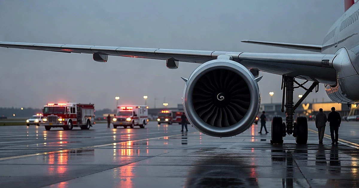 Airport emergency vehicles with flashing lights positioned near commercial jet engine on wet tarmac at dusk