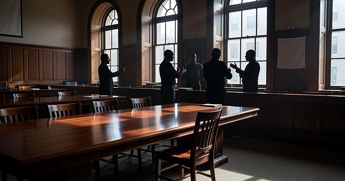 Empty prosecutor's table with documents in courthouse interior with silhouetted figures in background