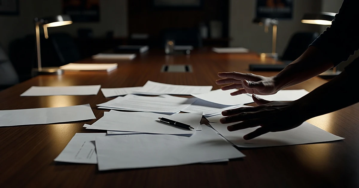 Silhouetted hands pushing contract documents across conference table in production office with dramatic lighting
