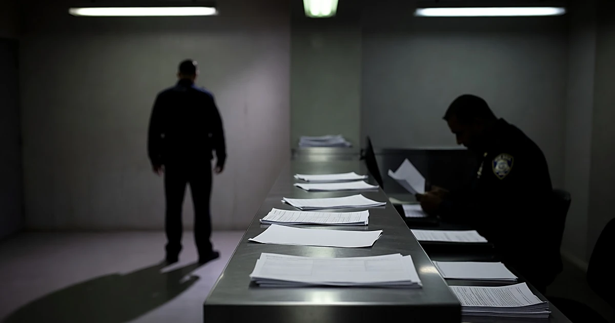 Police booking station counter with scattered forms and silhouetted figures in fluorescent lighting