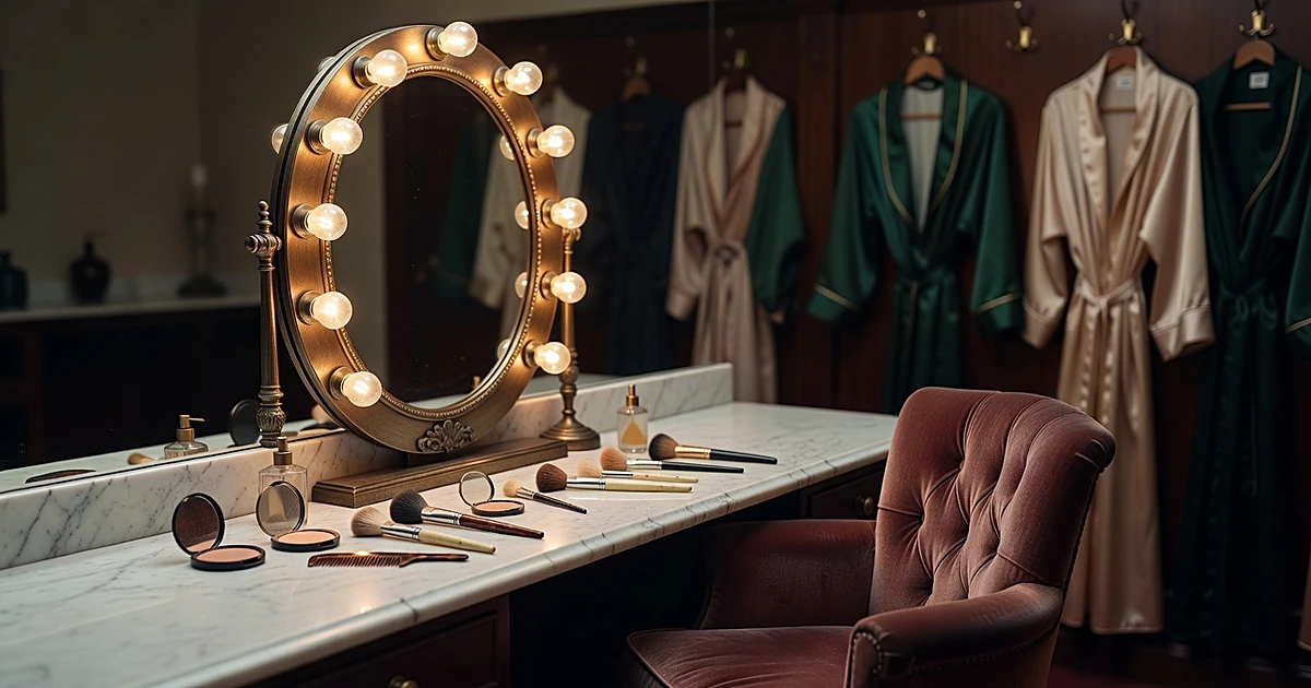 Empty vintage Hollywood dressing room vanity with mirror lights and makeup items on marble surface
