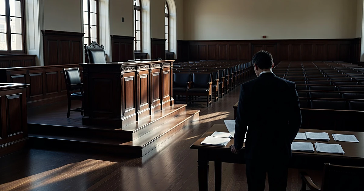 Empty courtroom with silhouetted prosecutor reviewing documents at table, judge's bench and witness stand visible