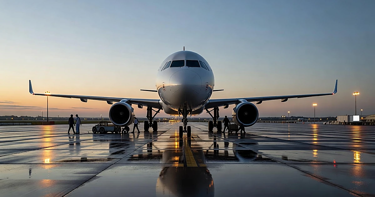 Commercial aircraft nose and fuselage on airport tarmac at dusk with storm clouds overhead