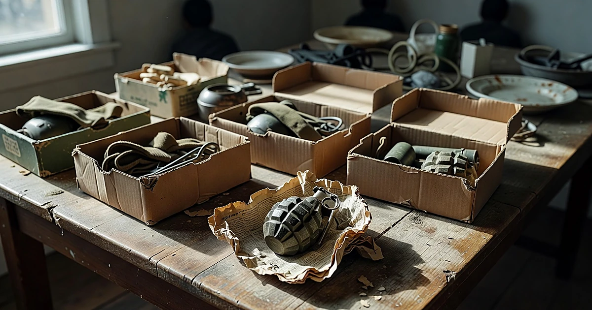 WWII-era grenade among opened estate sale boxes on wooden table with vintage military items