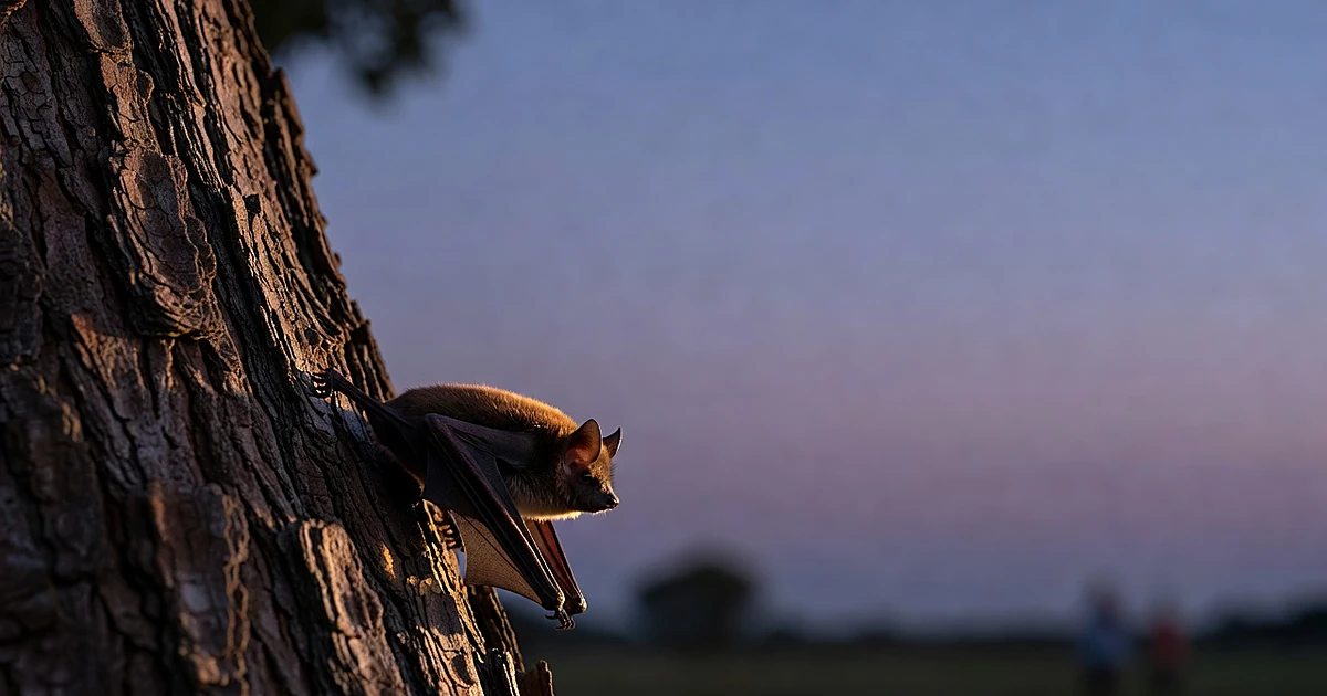 Brown bat clinging to tree bark at dusk with detailed fur and wing texture visible against blurred twilight sky