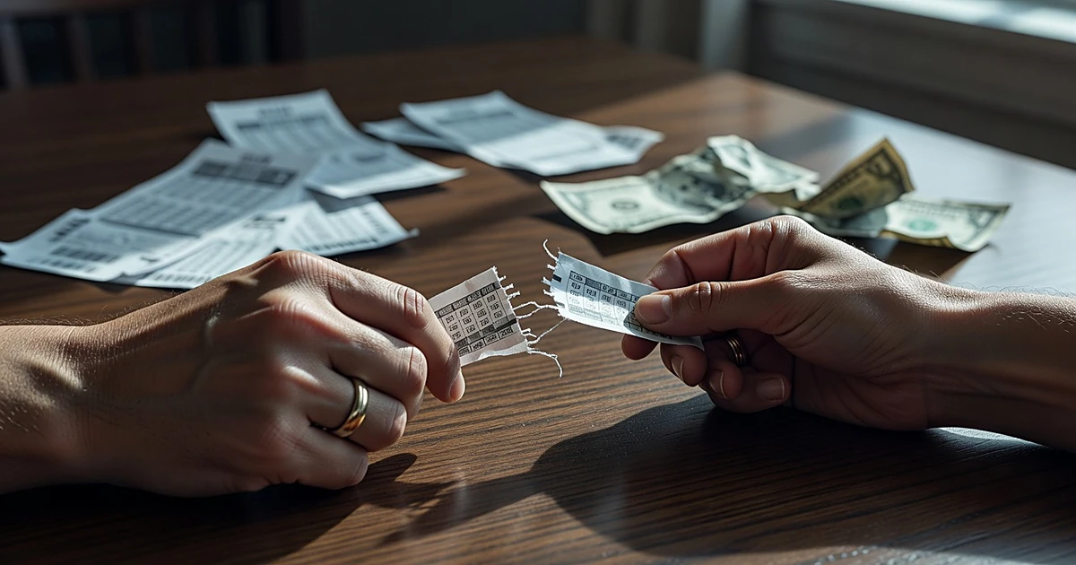 Two hands with wedding rings tearing a lottery ticket apart over a wooden table with scattered tickets