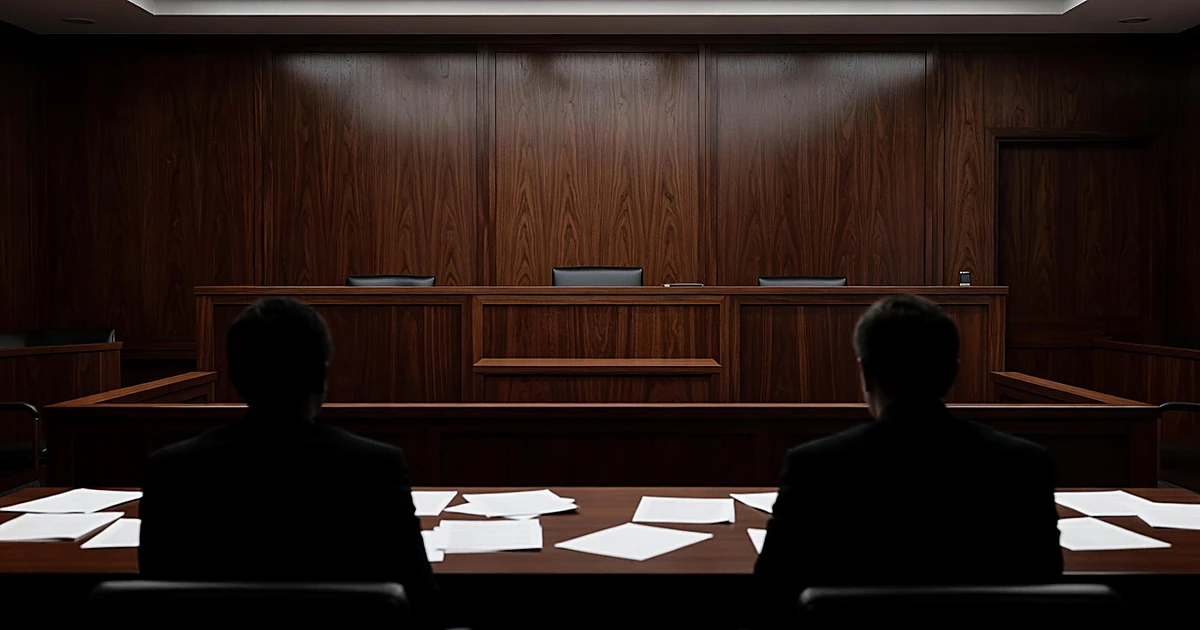 Federal courtroom interior with empty judge's bench and two silhouetted figures at defense table