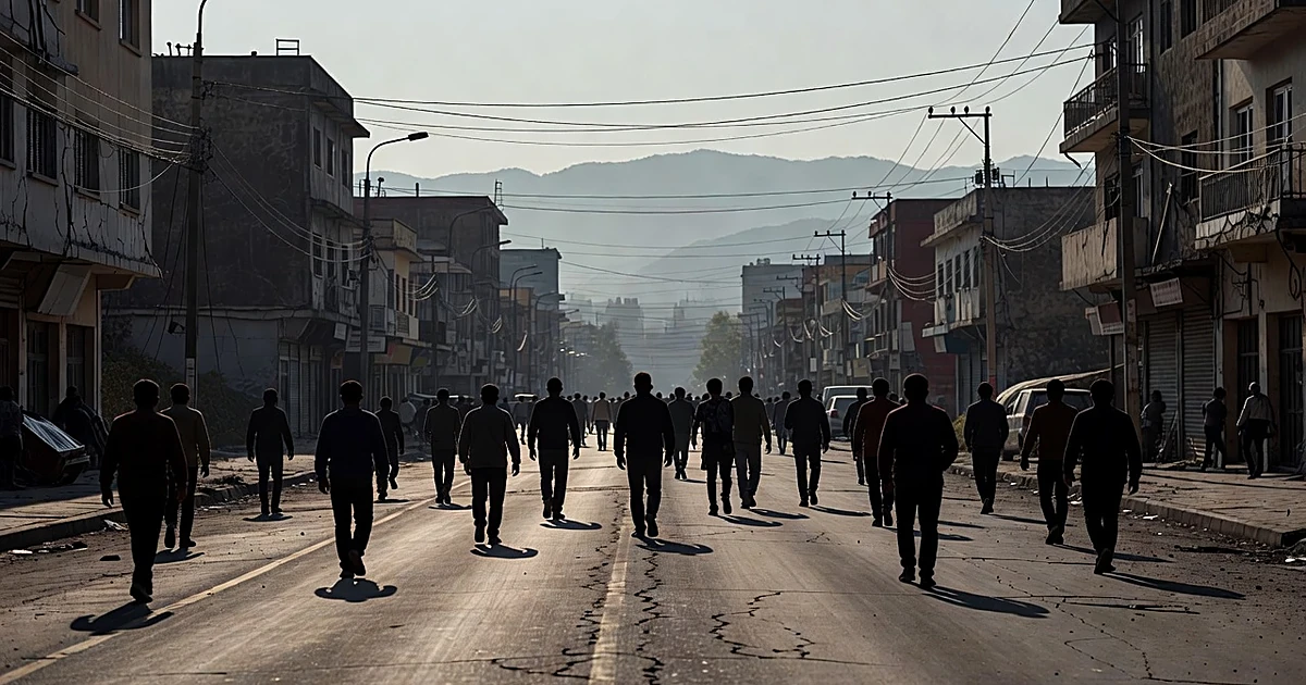 Silhouettes of people evacuating onto a coastal city street after earthquake, buildings and mountains in background