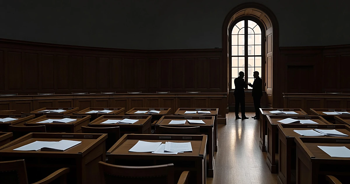 Empty Maine legislative chamber with scattered papers and silhouetted figures in tense discussion