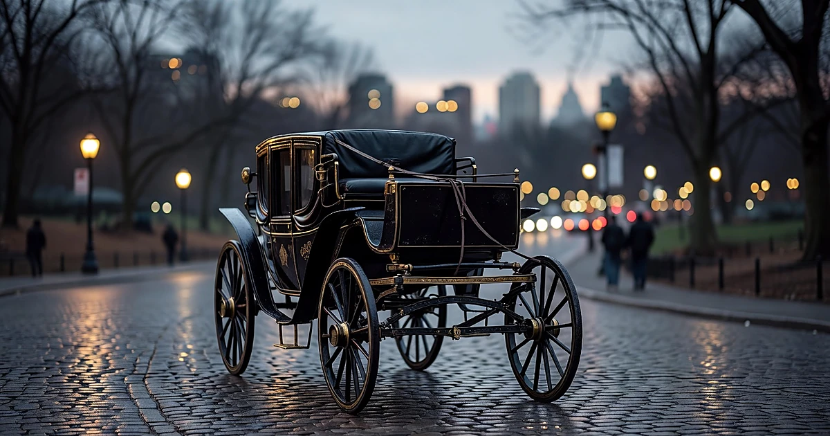 Empty horse-drawn carriage on wet cobblestone street at dusk with blurred city lights in background