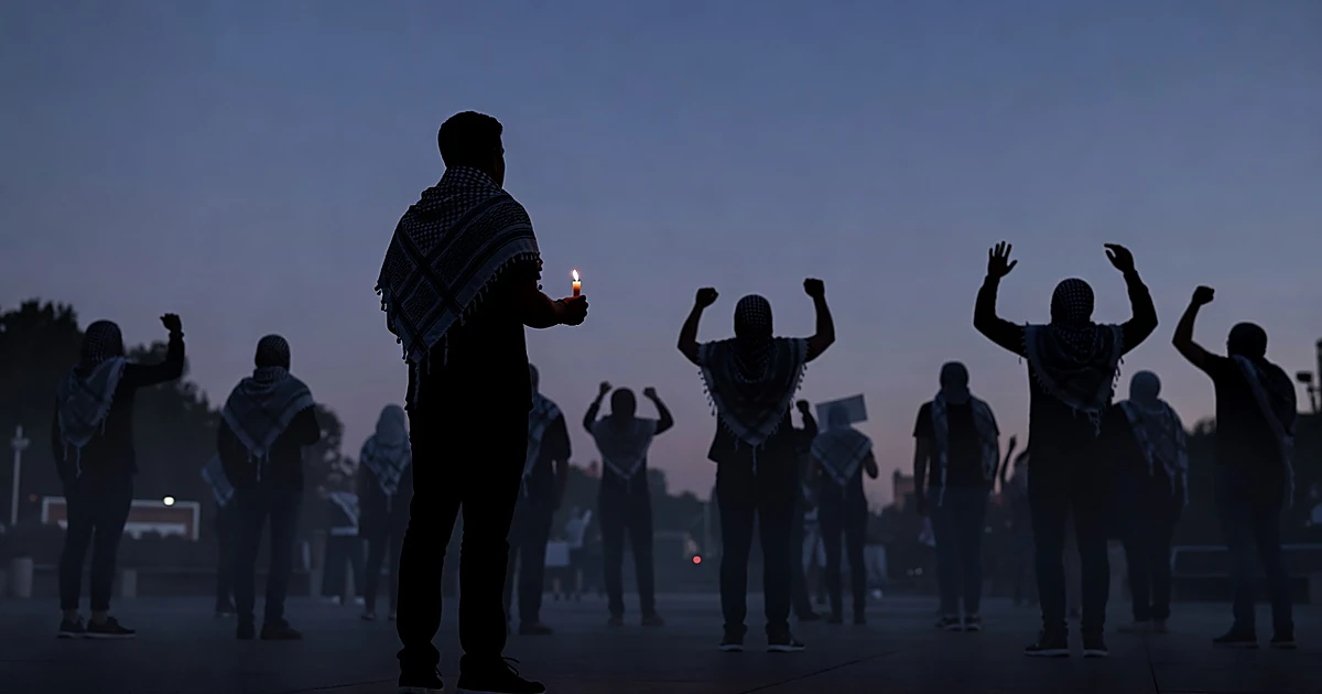 Silhouetted figure holding candle stands before crowd of protesters in keffiyeh scarves at dusk in urban square
