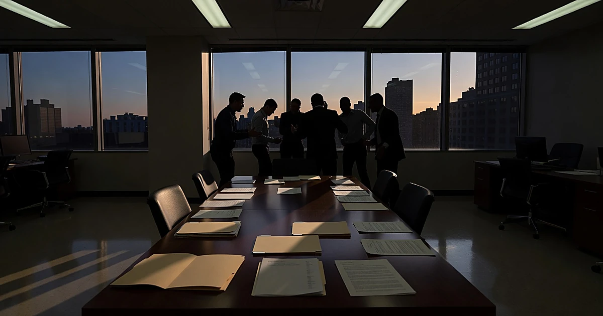 Municipal office with silhouetted figures discussing near windows, scattered documents on conference table at dusk