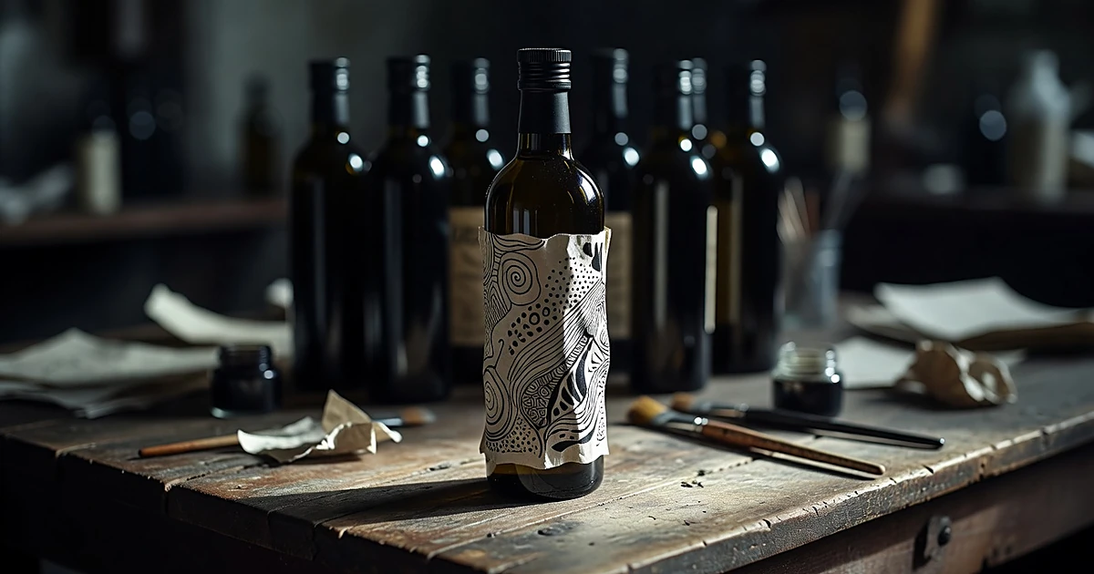 Olive oil bottle with illustrated label on wooden table with art supplies blurred in background