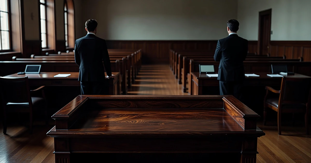 Empty courtroom with silhouetted attorneys at opposing tables before judge's bench