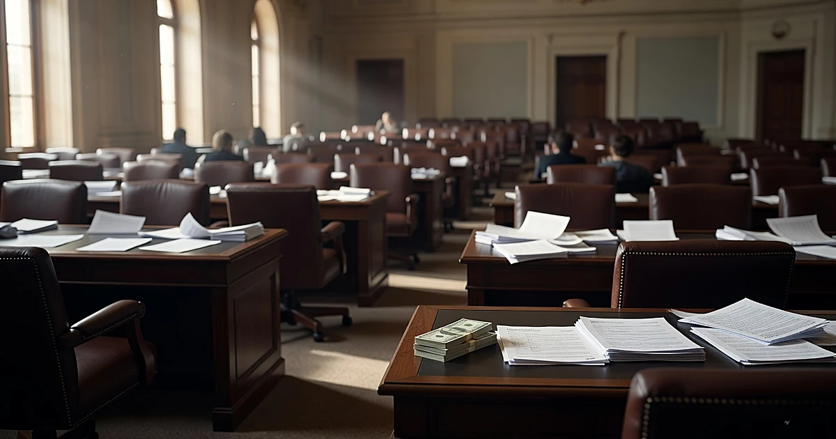 Empty legislative chamber with scattered documents and stack of currency on desk in afternoon light