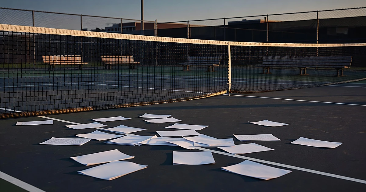 Empty university tennis court at dusk with scattered papers and abandoned benches behind the net